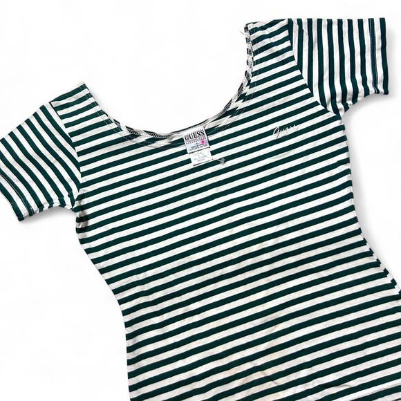 Guess Jeans 80s Vintage Green White Striped Womens T-shirt Small - Picture 3 of 4